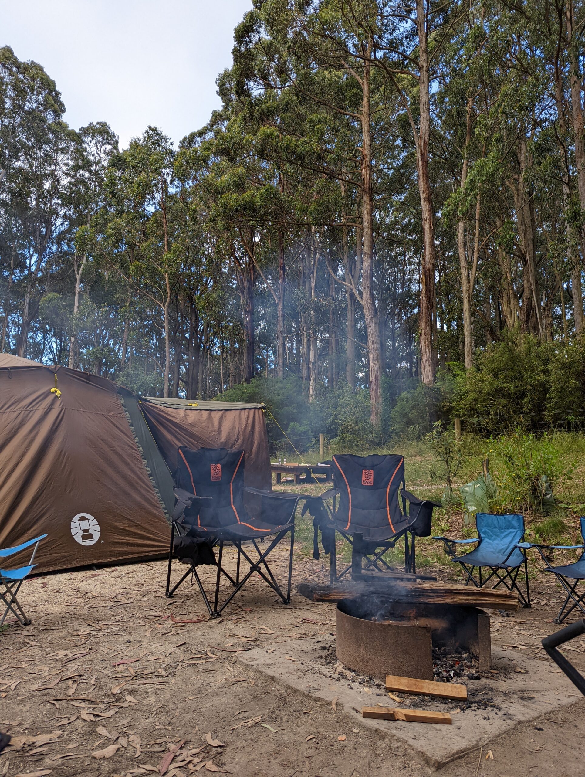 A bush campsite at dusk with a tent, camp chairs arranged around a smoking fire pit and tall eucalypts behind