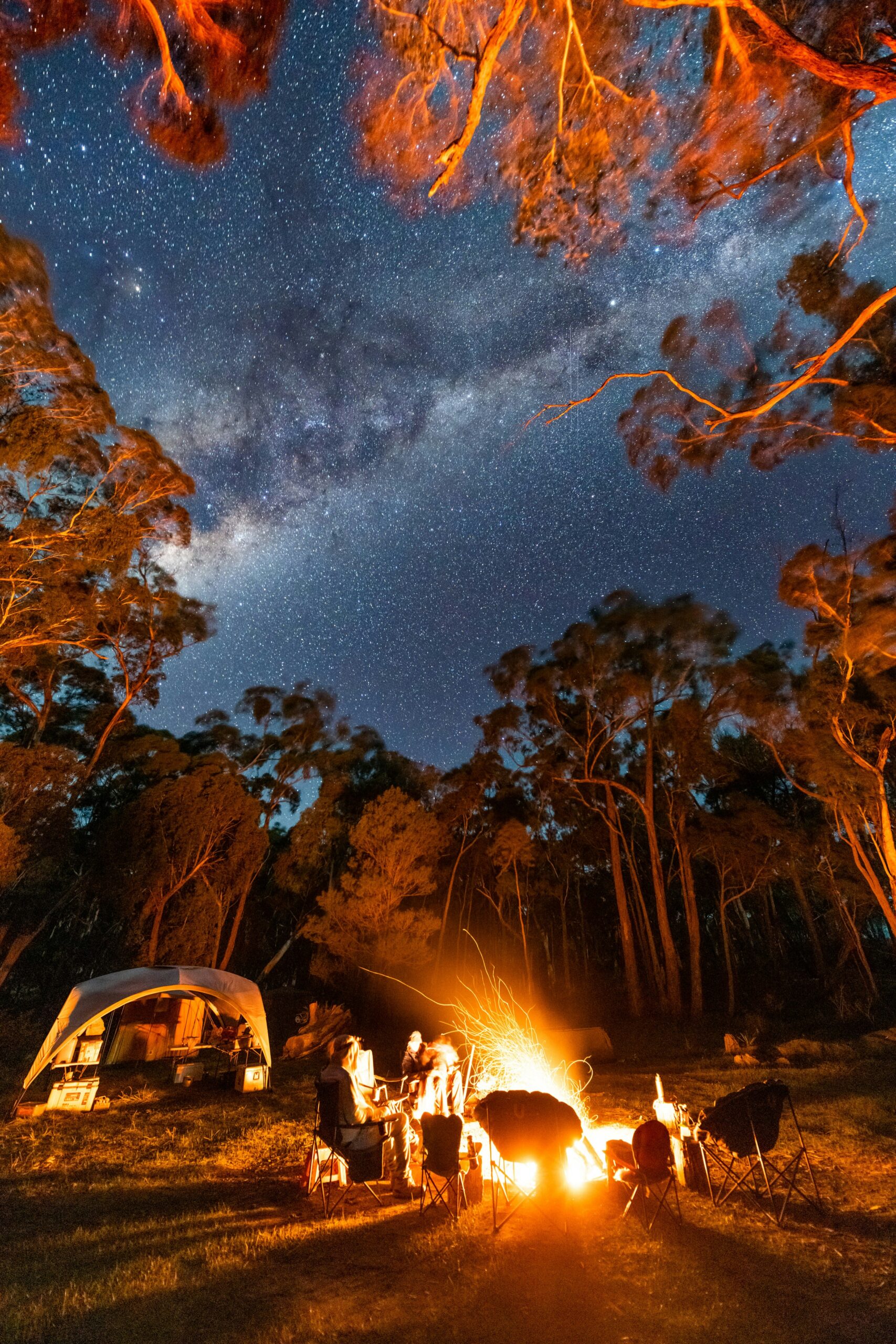 Families gathered around a campfire at night under the Milky Way, with a camper and gum trees in the Australian bush
